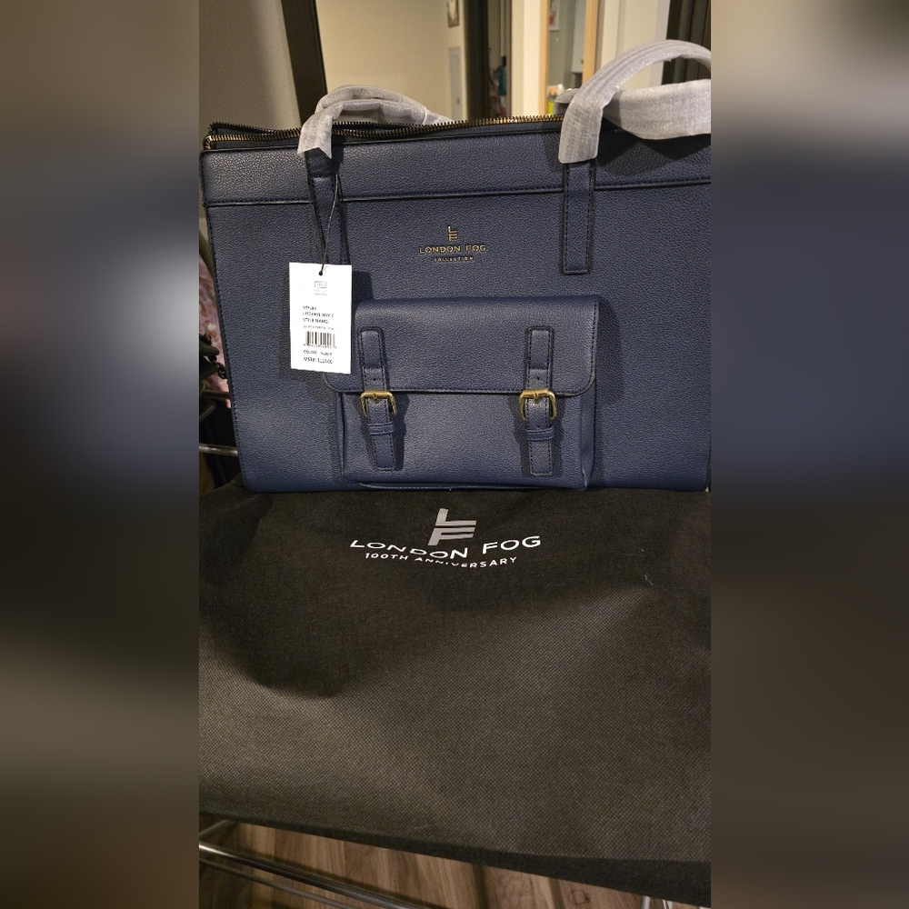 London Fog Blue and Gold Tote Bag with Classic Design. NWT And Dust Bag